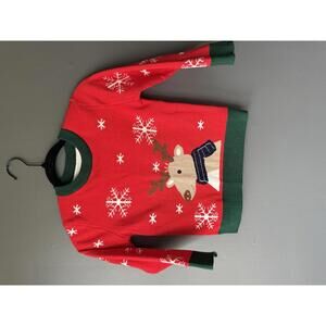 Children's Red Christmas Sweater with Reindeer and Snowflake Design Size 130